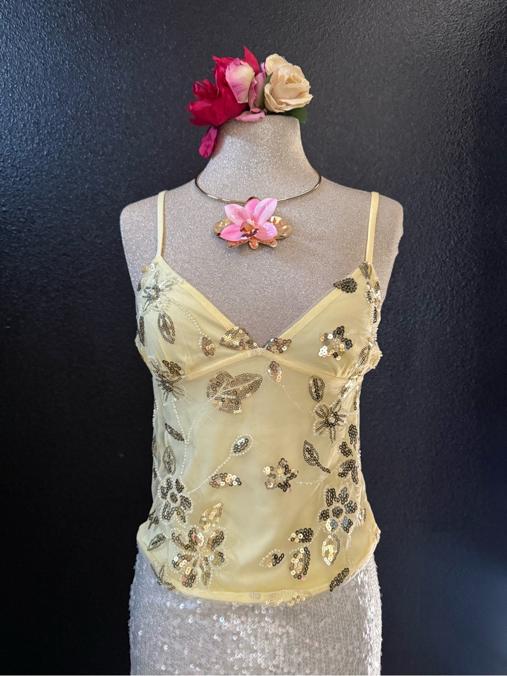Yellow Sequin Floral Cami Top - Women's Sleeveless Tank